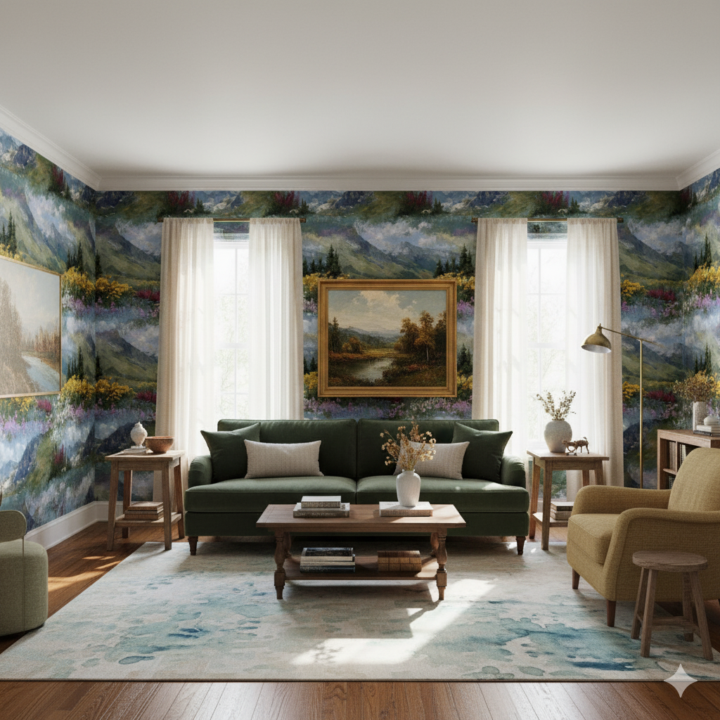 Alpine Bloom Wallpaper with floral and mountain pattern, decorating a living room interior.
