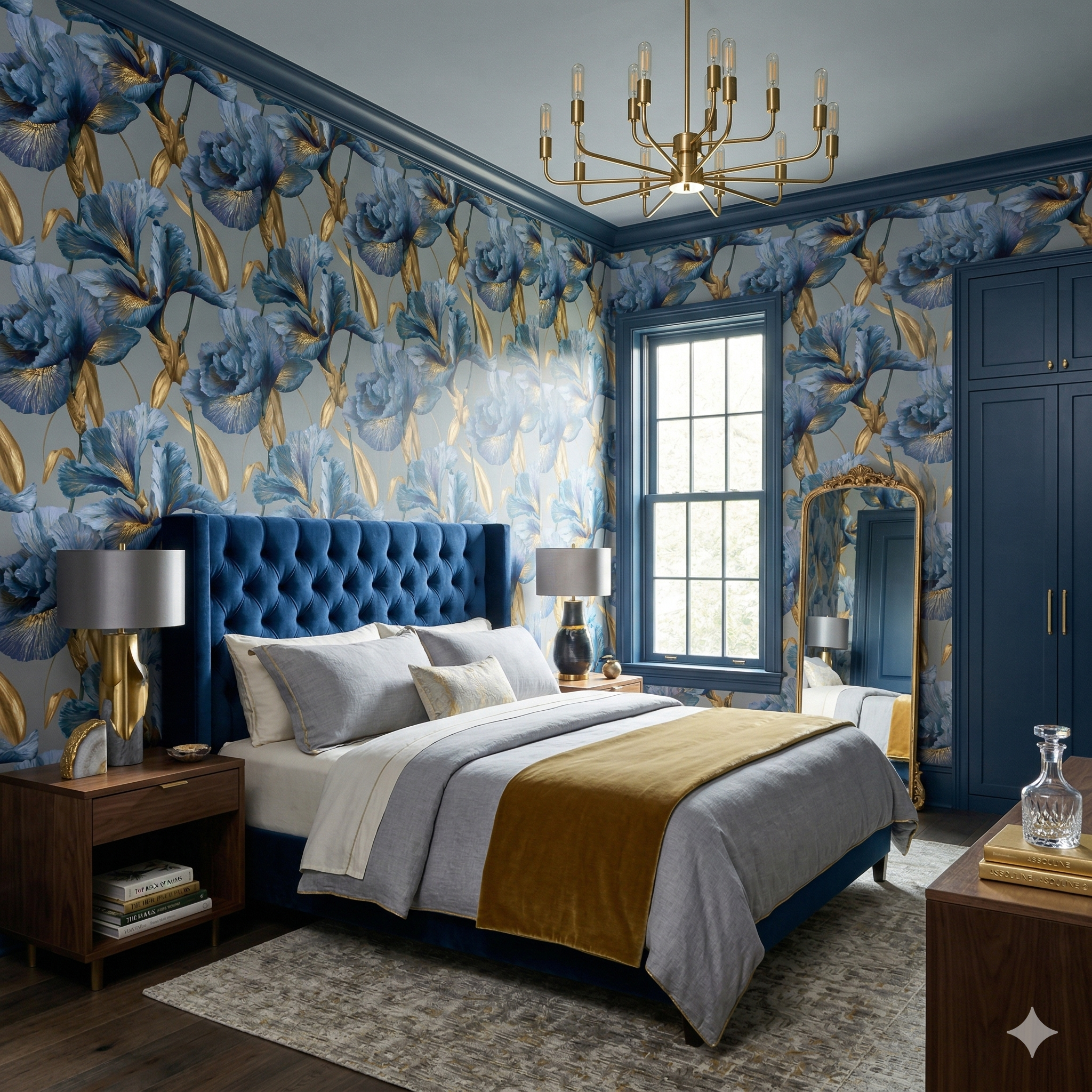 Floral Celestine Gilded Iris Wallpaper with gold accents and blue flowers.