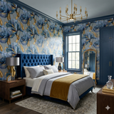 Floral Celestine Gilded Iris Wallpaper with gold accents and blue flowers.