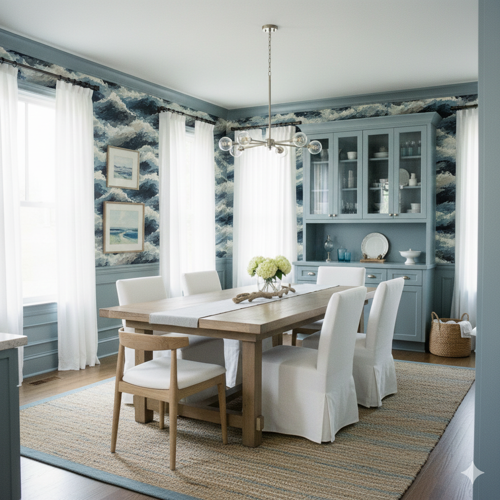 Midnight Tides wallpaper with blue wave pattern, styled in a dining room.
