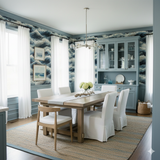 Midnight Tides wallpaper with blue wave pattern, styled in a dining room.
