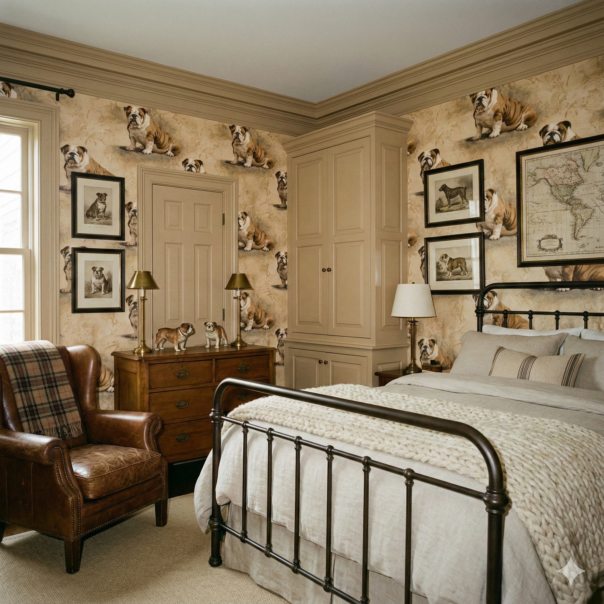Regent’s Quarry wallpaper with bulldog pattern, covering the walls of a traditionally-decorated bedroom.