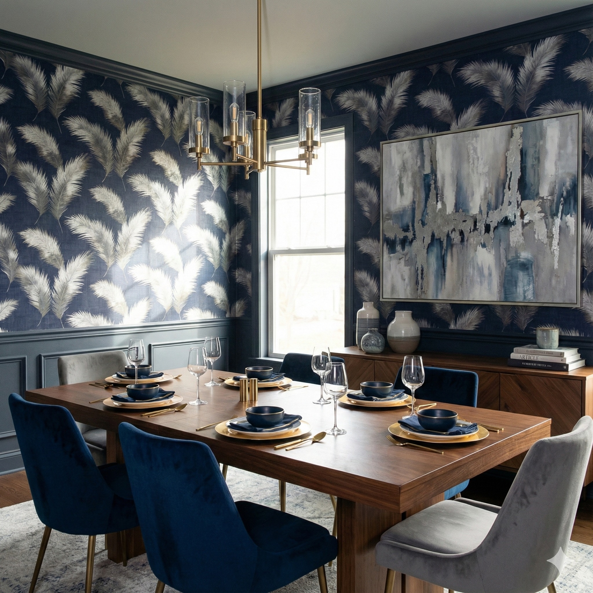 Nightingate Plume wallpaper with feather pattern, decorating a dining room wall.