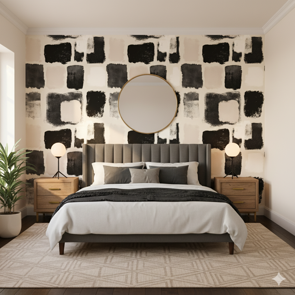 Umber Blocks Wallpaper with painted black squares pattern backdrop.