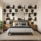 Umber Blocks Wallpaper with painted black squares pattern backdrop.