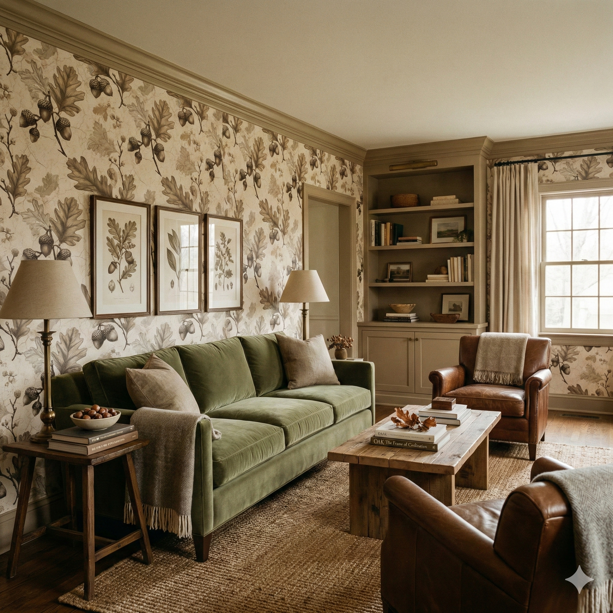 Field Ledger Wallpaper with acorn and leaf pattern, in a traditionally styled room.
