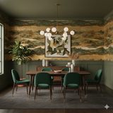 Han River Scroll wallpaper with a landscape pattern, in shades of gold, green, and tan.
