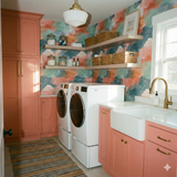 Harlow Drift Wallpaper with watercolor pattern, covering the laundry room wall.
