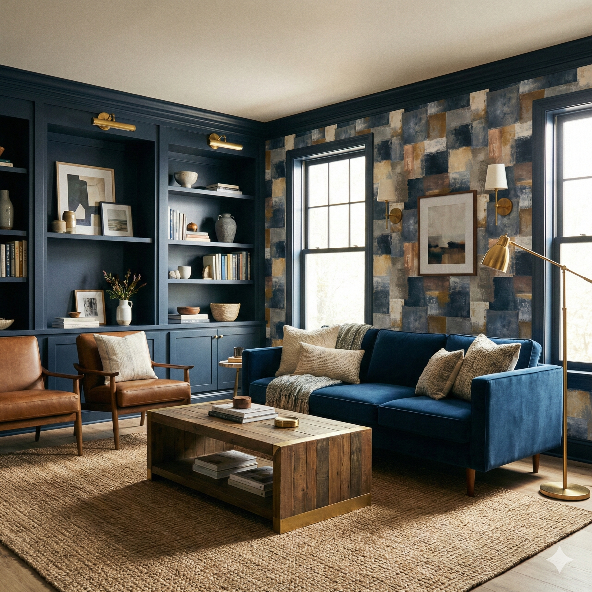 Stone ledger wallpaper with abstract blocks by A-Street Prints, visible on the walls of the living room.