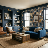 Stone ledger wallpaper with abstract blocks by A-Street Prints, visible on the walls of the living room.