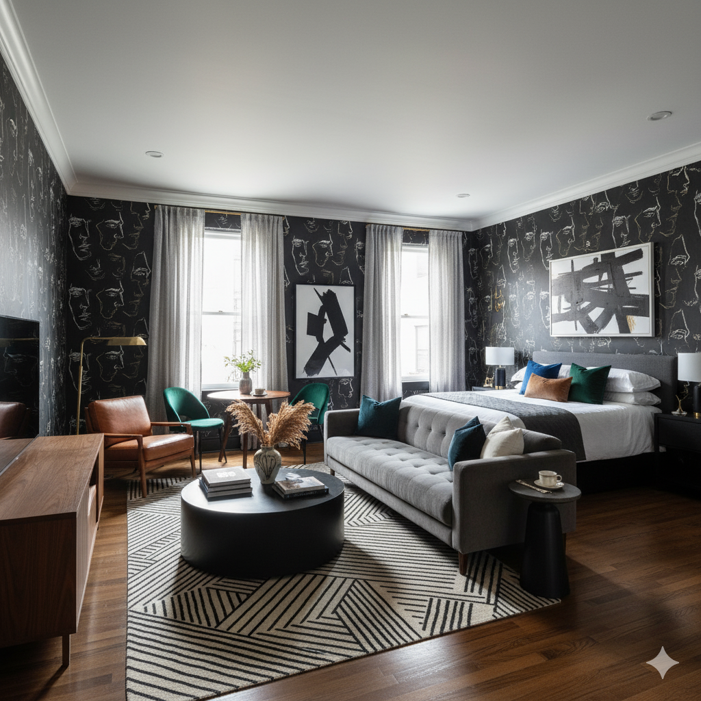 Black face-print Lioré Wallpaper with repeating sketched faces, contrasting with white ceiling trim in a bedroom setting.
