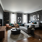 Black face-print Lioré Wallpaper with repeating sketched faces, contrasting with white ceiling trim in a bedroom setting.