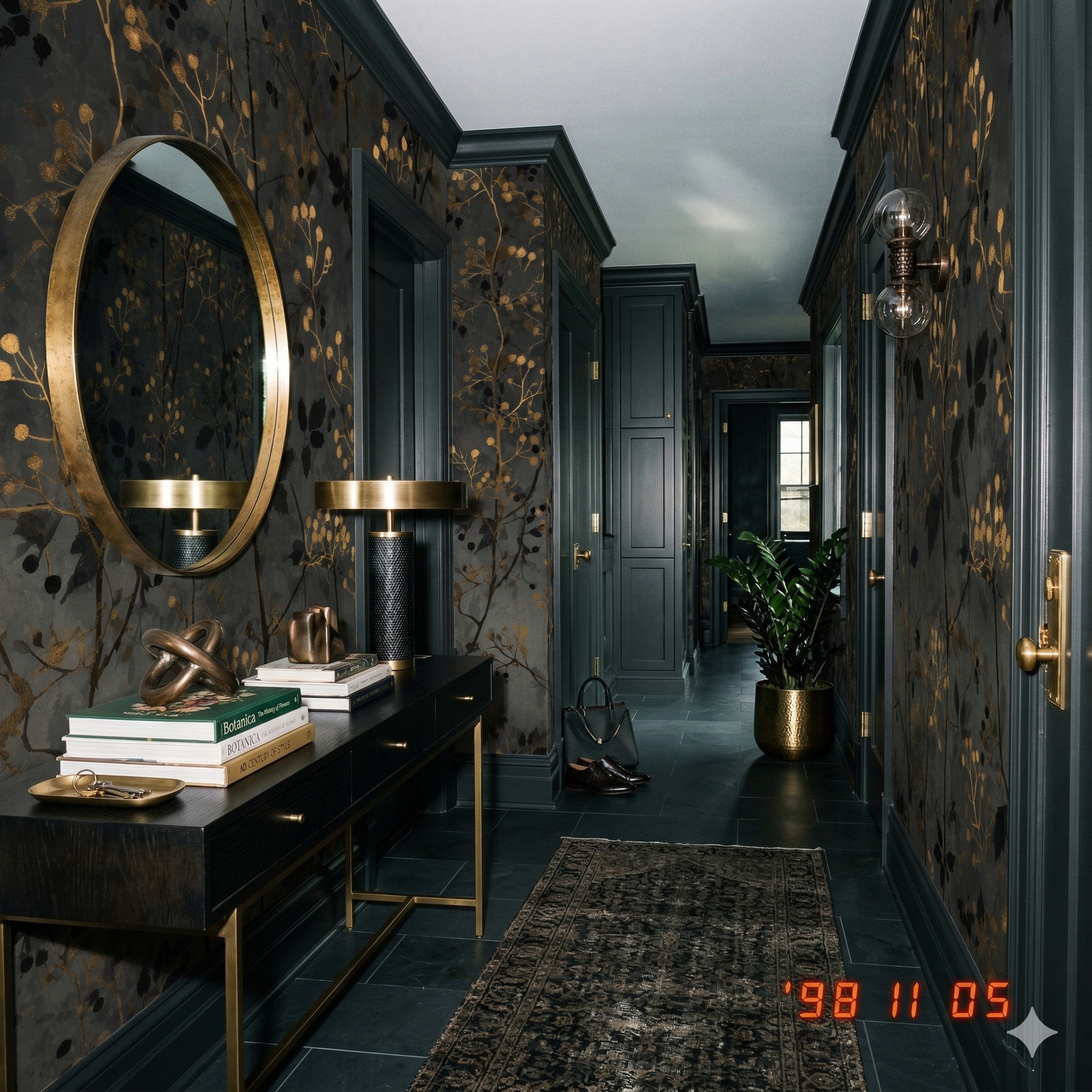 Obsidian berry canopy wallpaper with gold floral patterns over black background.