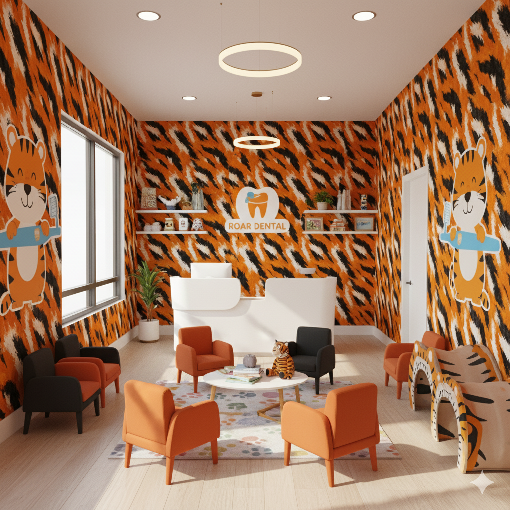Flame-colored wallpaper with a tiger stripe pattern and cartoon tigers holding toothbrushes.