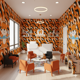 Flame-colored wallpaper with a tiger stripe pattern and cartoon tigers holding toothbrushes.