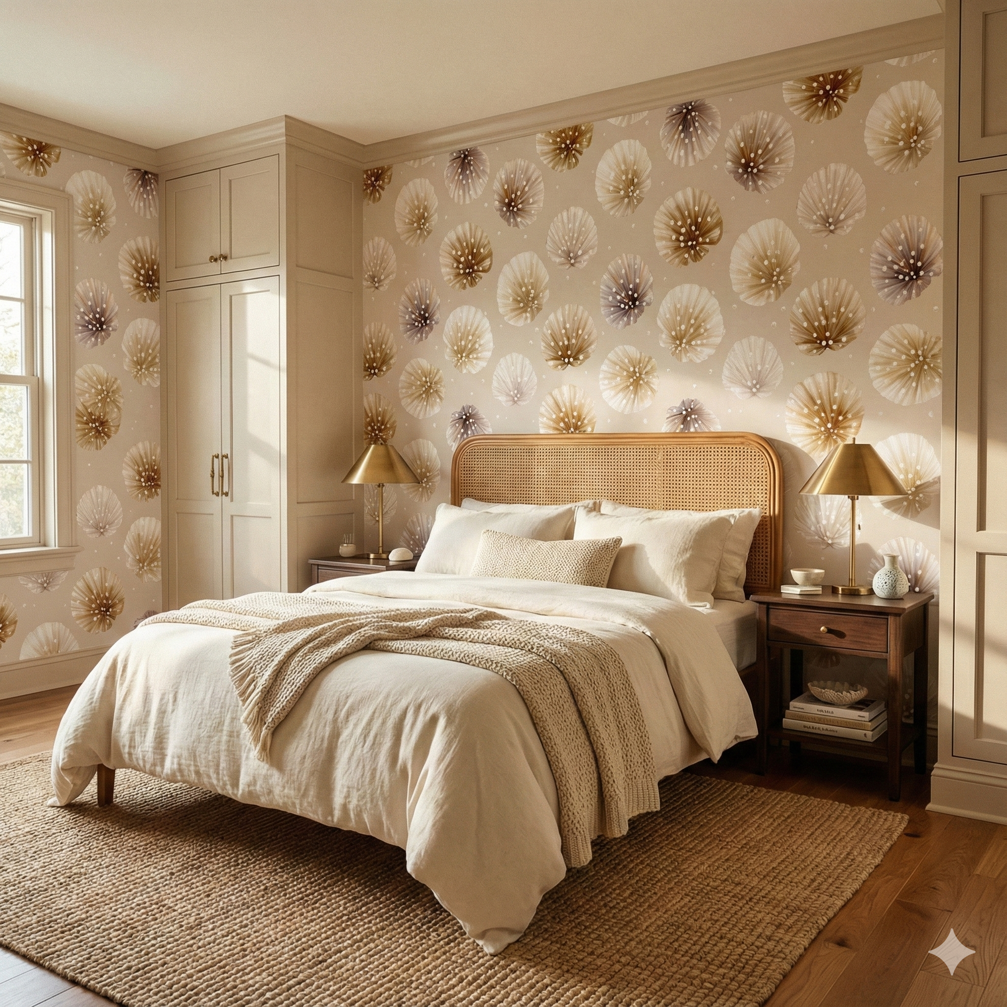 Blush wallpaper with floral pattern by Palladium, complementing a neutral bedroom with wood furniture and a woven rug.
