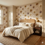 Blush wallpaper with floral pattern by Palladium, complementing a neutral bedroom with wood furniture and a woven rug.
