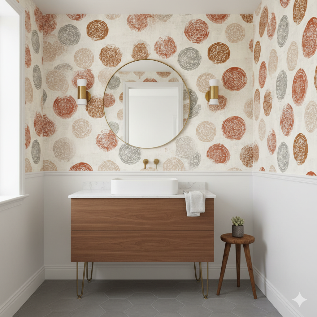 Jaipur Seal Wallpaper with medallion print, in an earth-tone palette, patterned background.
