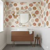 Jaipur Seal Wallpaper with medallion print, in an earth-tone palette, patterned background.
