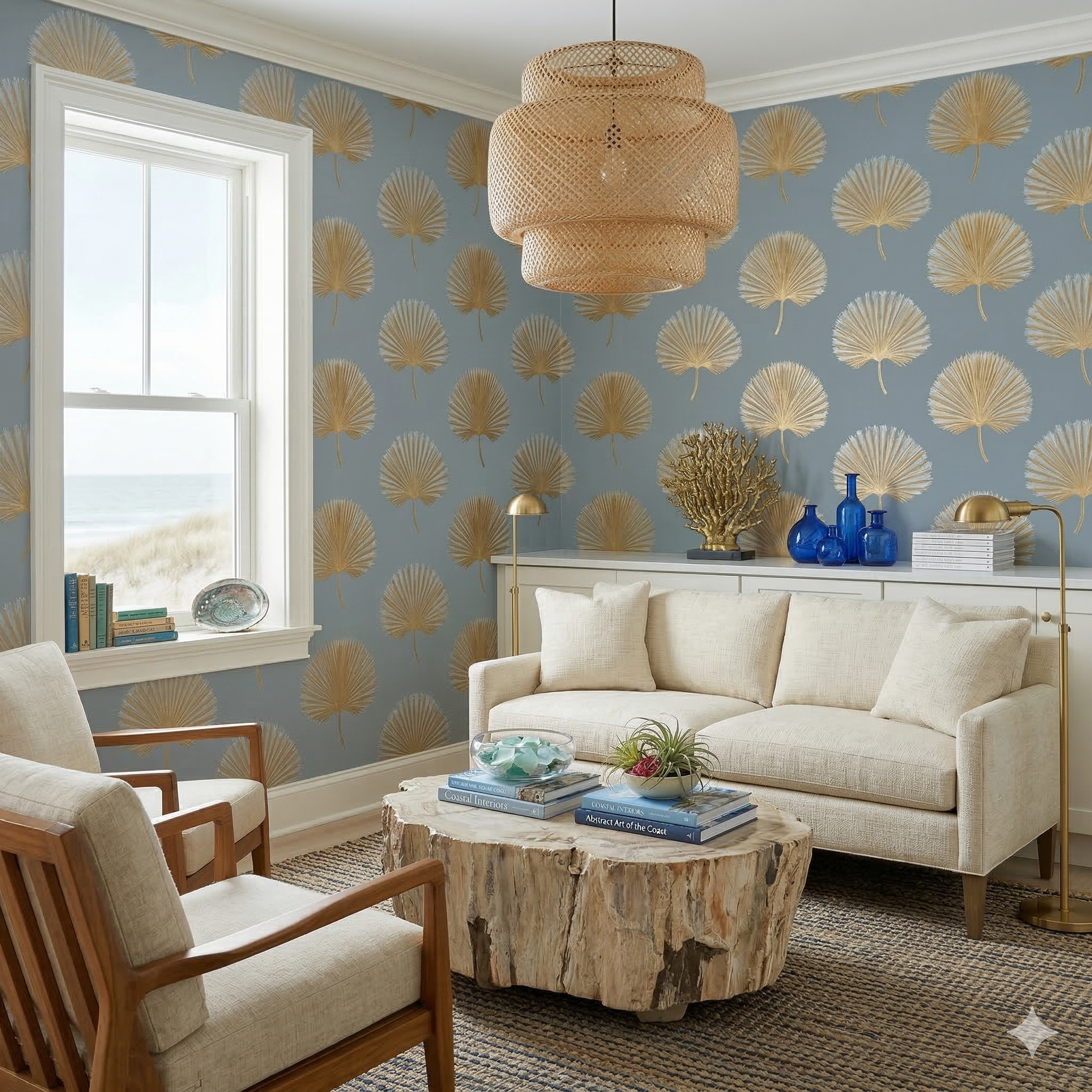 Gilded Fanfare Wallpaper with gold leaf pattern over powder blue background.