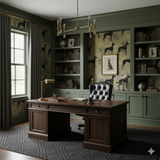 Blackthorn Estate wallpaper with a dog motif pattern on a golden textural backdrop.