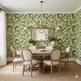 Evergreen Chapel wallpaper with leafy green pattern, textured details filling the room.
