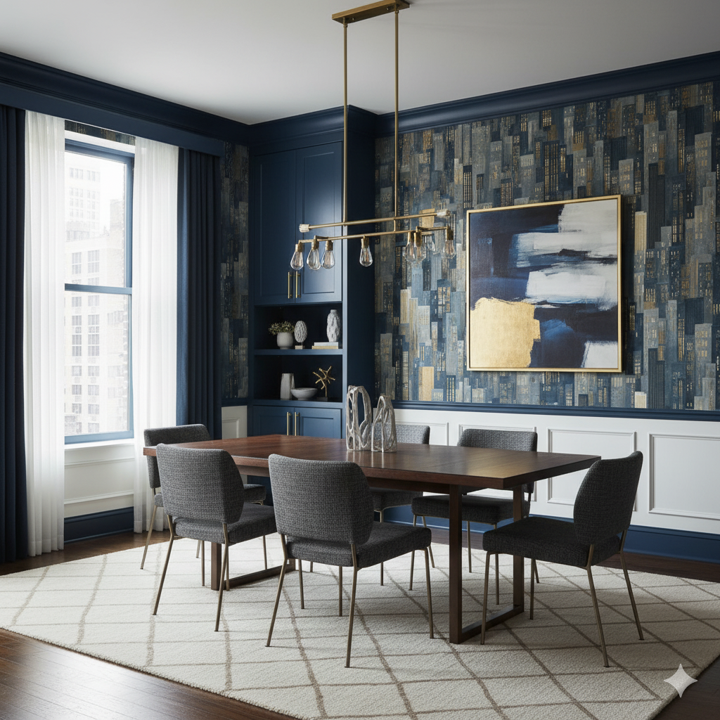Manhattan Meridian Wallpaper with a city buildings pattern, in shades of blue, gray, and gold, against a white wainscoting.
