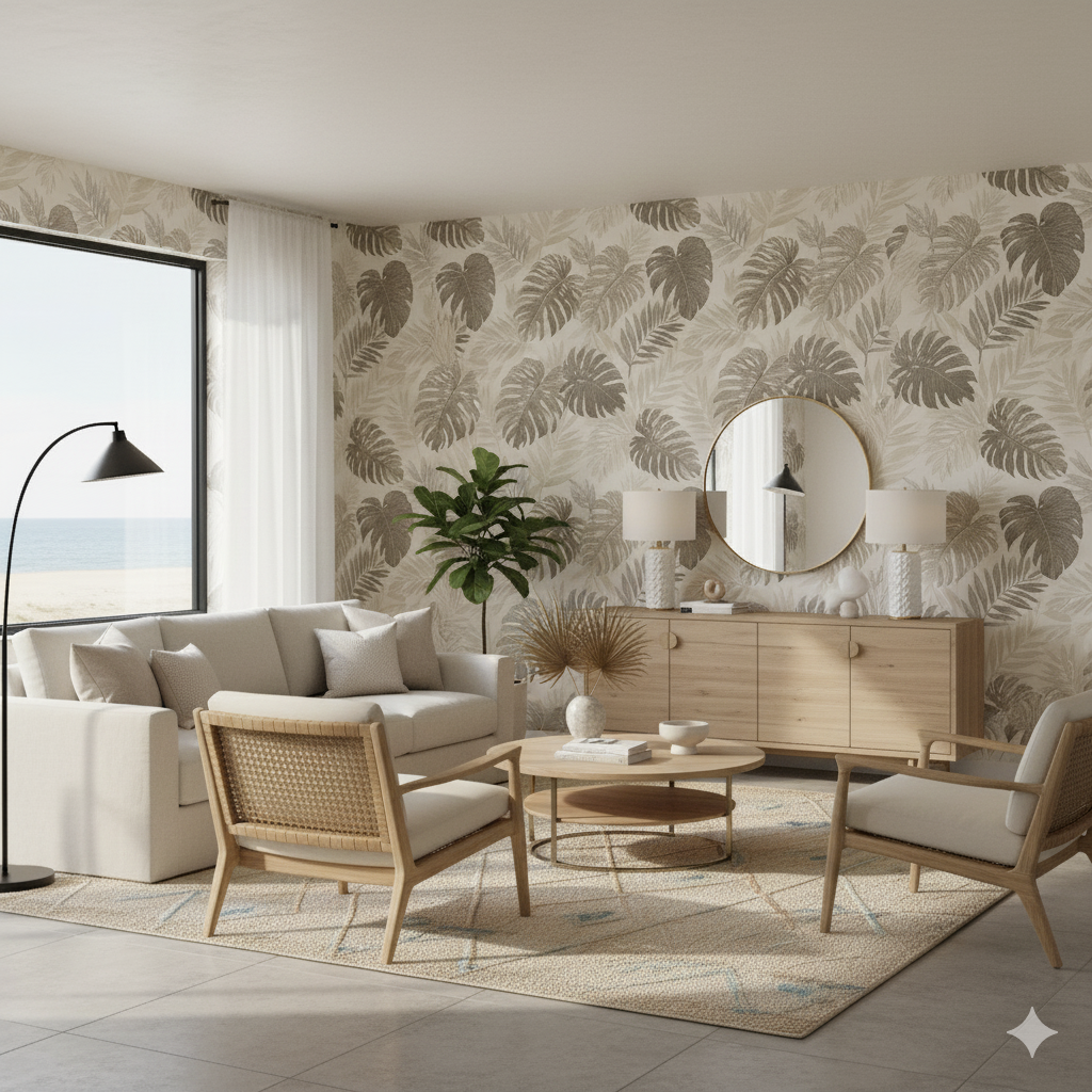 Sepia canopy wallpaper with monstera leaf pattern filling the walls of a living space.