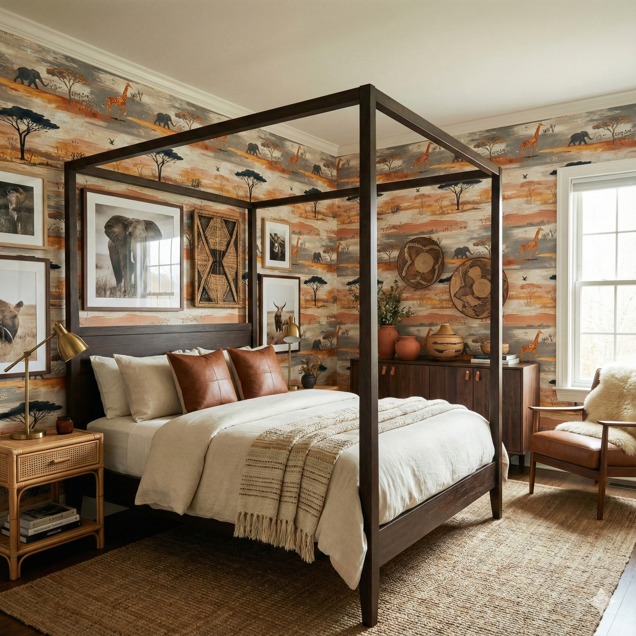 Savanna Meridian Wallpaper with an African animal print, featuring elephants, giraffes and trees.
