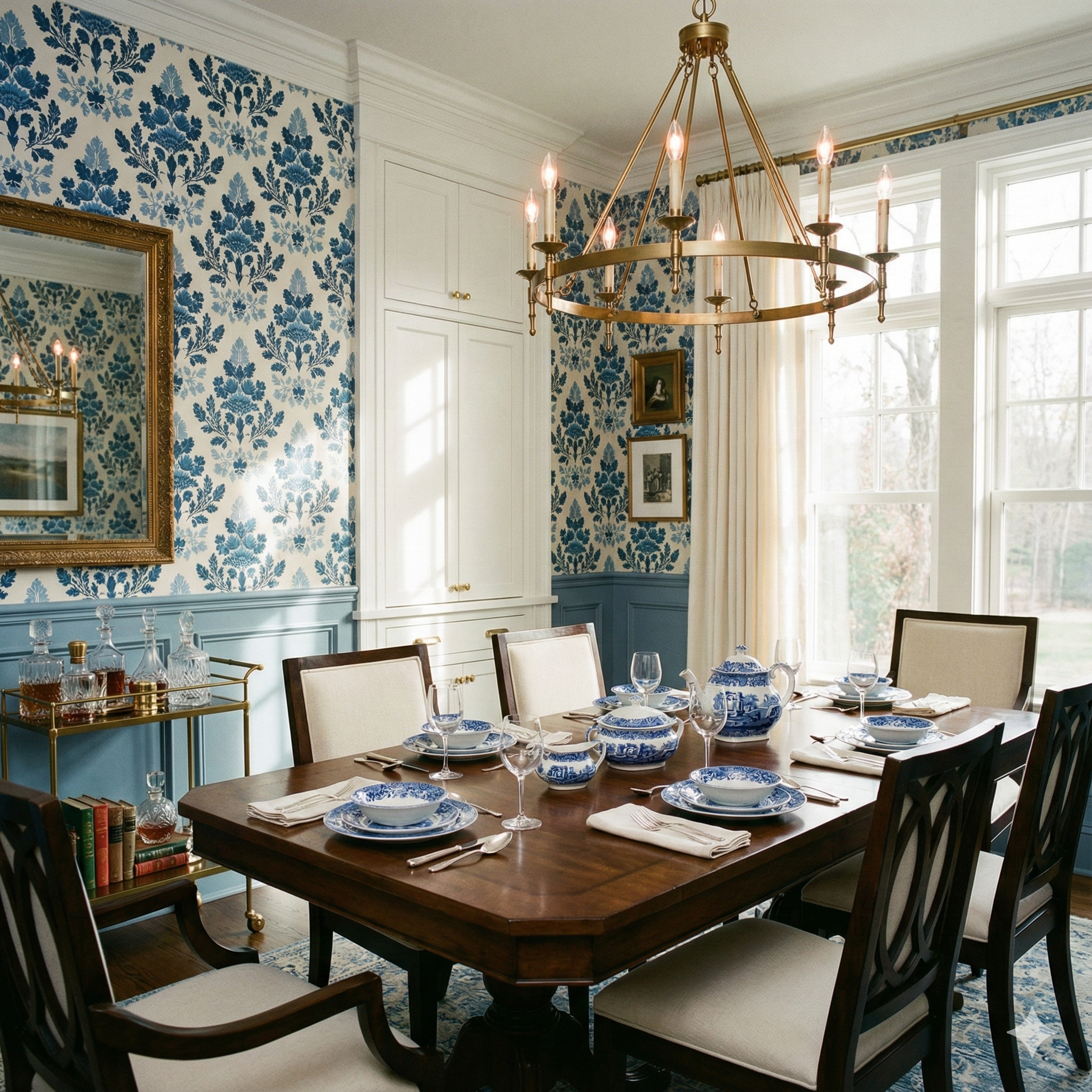 Blue and white Delft Hearthstone Wallpaper with damask pattern, covering the walls in the dining room.