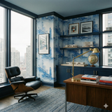 Blueprint Metropolis wallpaper with a skyline design by York Wallcoverings, featuring architecture and abstract blue accents.