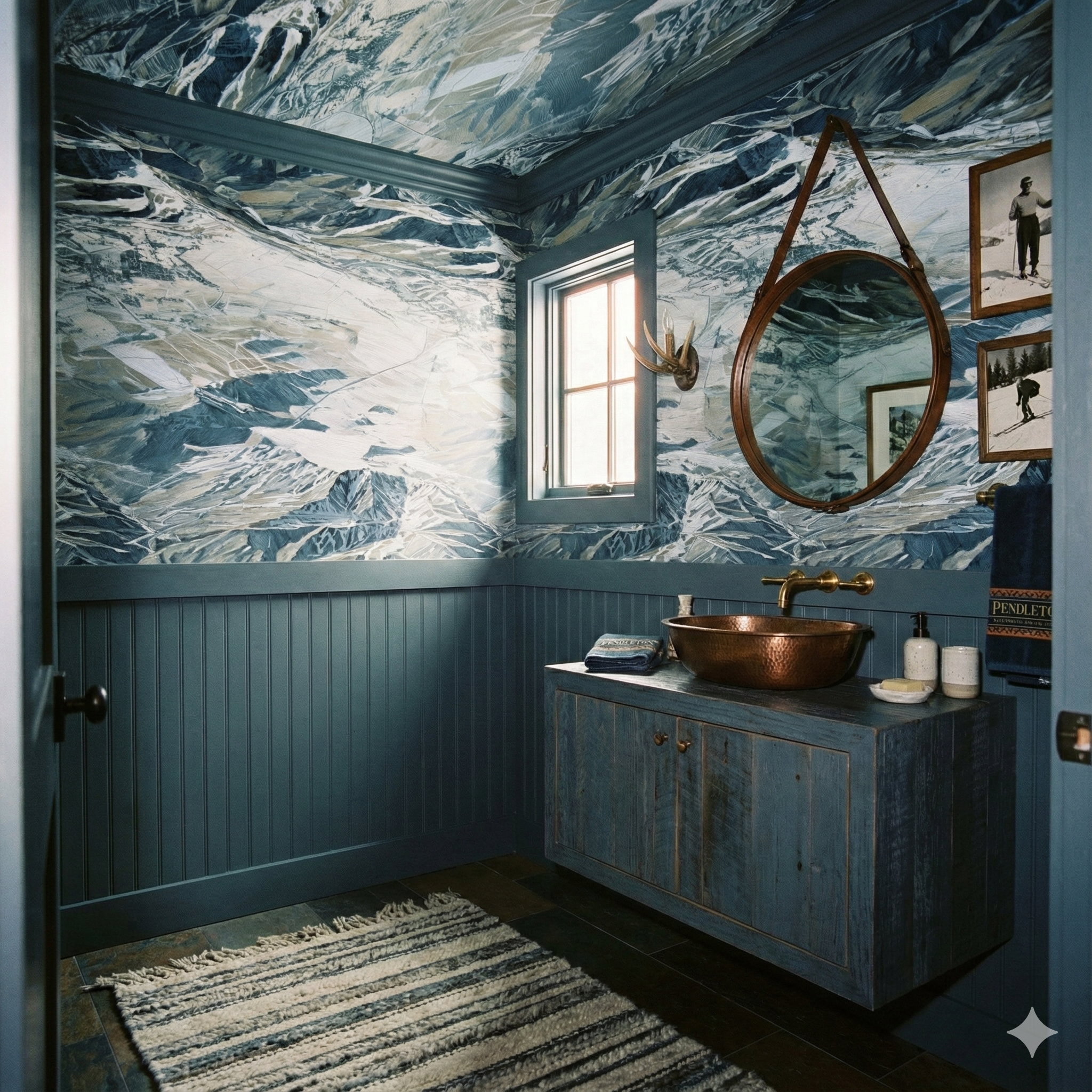 Mountain range wallpaper with snowy accents covering walls and ceiling, styled in a blue themed powder room.