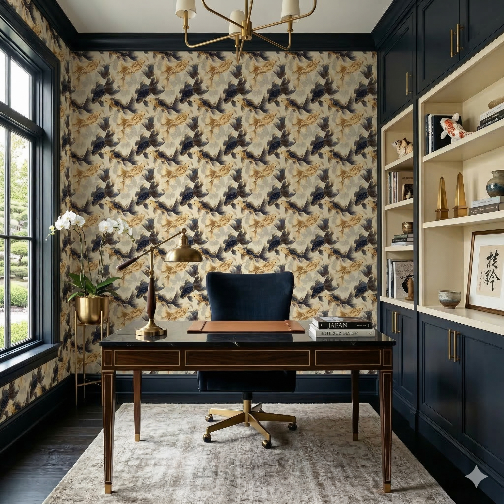 Gilded koi wallpaper featuring navy blue and tan colors, with a repeating pattern.