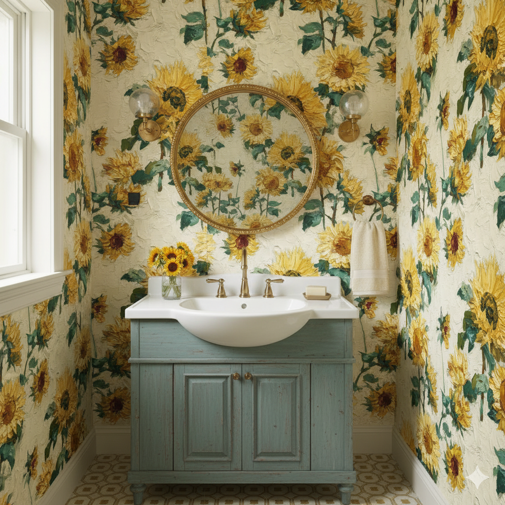Sunflower wallpaper with a textured design and a yellow and green floral pattern.
