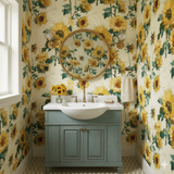 Sunflower wallpaper with a textured design and a yellow and green floral pattern.