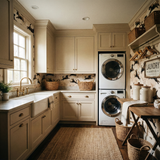 Wild bramble run wallpaper featuring a playful pattern of running animals, set in a well-appointed laundry room.