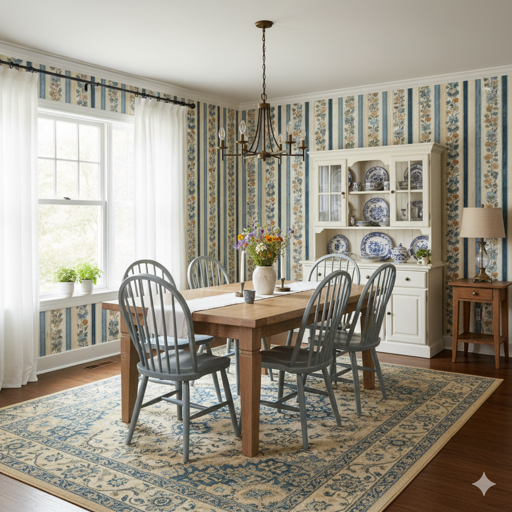 Dockside Anthem wallpaper with blue and beige floral stripes on the dining room wall.