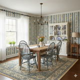 Dockside Anthem wallpaper with blue and beige floral stripes on the dining room wall.