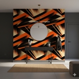 Geometric wallpaper with orange, black, and beige pattern featuring abstract angular shapes.