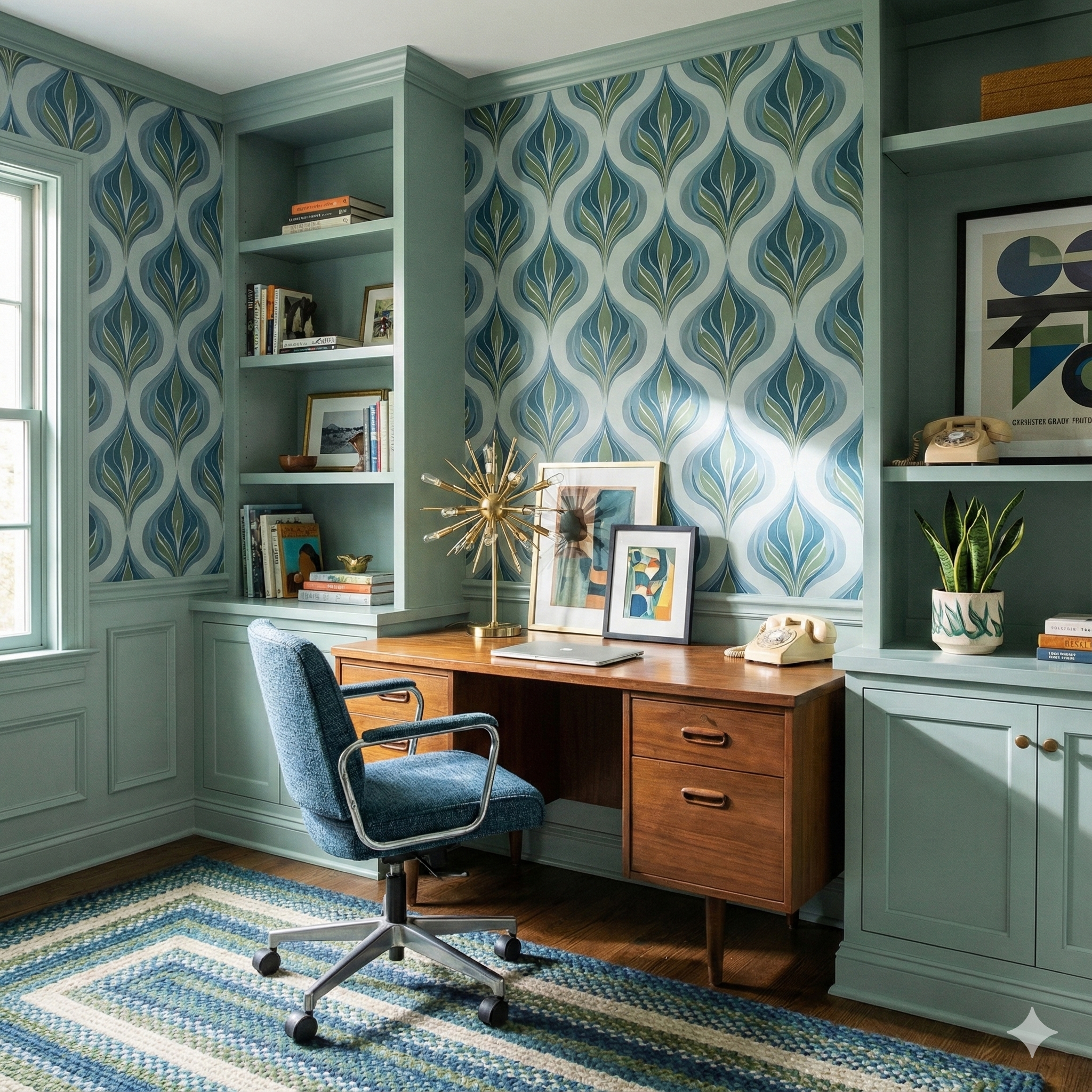 Lakeview Ogee Crest Wallpaper with stylized botanical pattern in blue and green, decorating a home office interior.