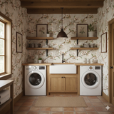 Floral wallpaper with a delicate pattern on a neutral background, creating a warm and inviting atmosphere.