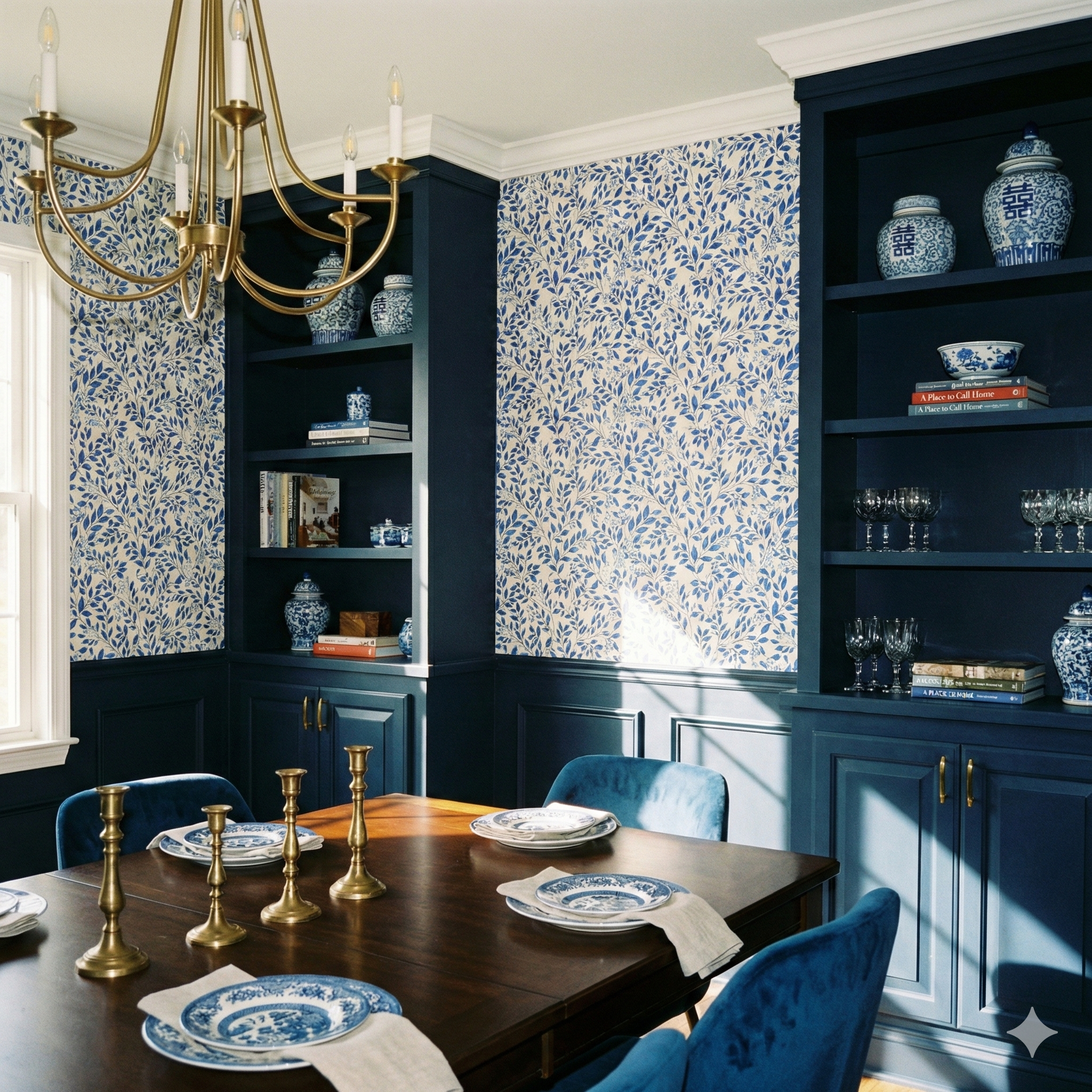 Meadowvine Wallpaper with blue leafy pattern on a light beige background.
