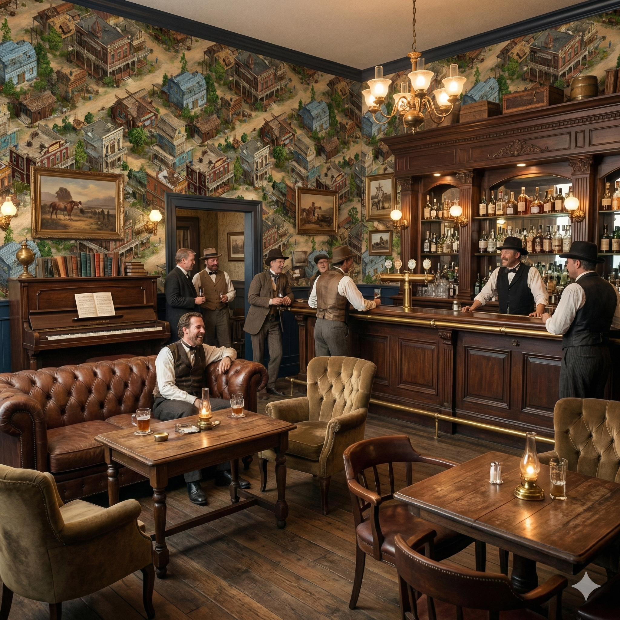 Patterned wallpaper featuring wild west town scene, with building facades and trees, covering the walls of a saloon.