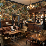 Patterned wallpaper featuring wild west town scene, with building facades and trees, covering the walls of a saloon.
