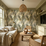 Leaf patterned wallpaper with shades of green and brown, featuring a repeating leaf design.
