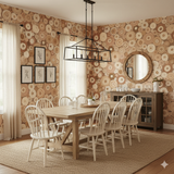 Crosscut Echo Wallpaper with a circular wood pattern on the wall in a dining room setting.