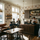 Cup-themed wallpaper with steam design by Hearthside, covering the walls of a bright café.
