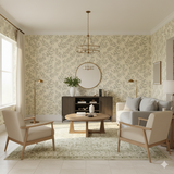 Ash Fern wallpaper in a neutral palette with a leaf pattern on the wall.
