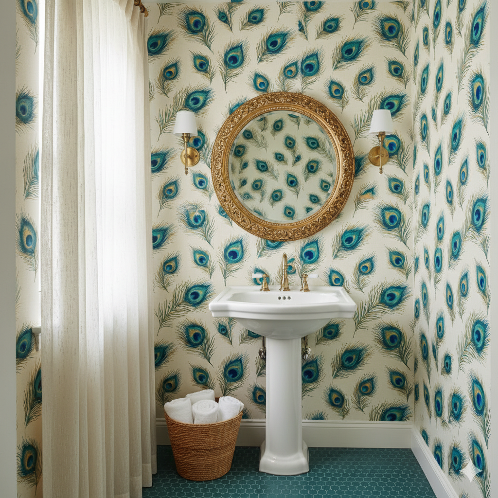 Peacock feather pattern wallpaper with a gold round mirror reflecting the wallpaper.