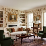 Patterned Eclipsera Wallpaper featuring fern and foliage designs with gold highlights, displayed in a traditional living room.
